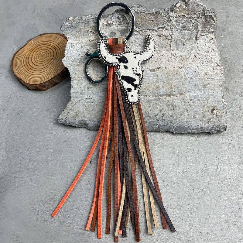 Wholesale Western style bull head tassel animal print leather keychain